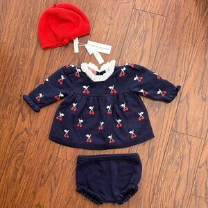 Janie and Jack Navy Cherry Outfit with Red Hat